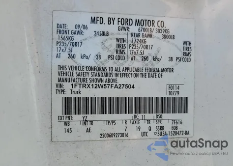 2007 Ford F150 from USA, damaged, VIN 1FTRX12W57FA27504